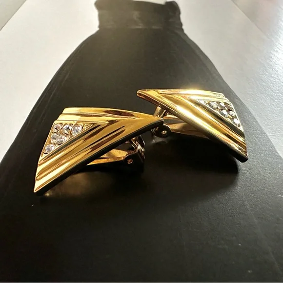 1990s Vintage Gold Tone Triangular Clip On Earrings with Clear Crystal Accents - Picture 8 of 11